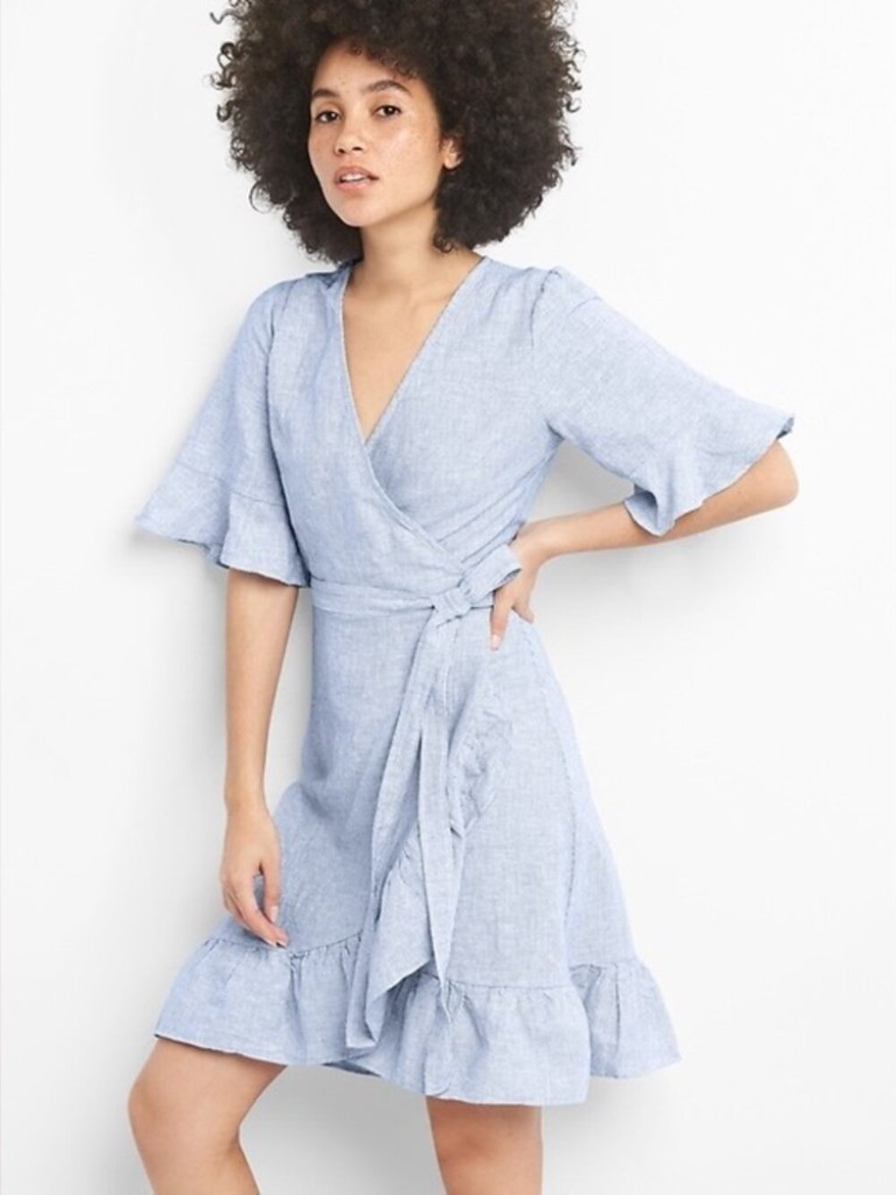 GAP Linen Wrap Dress with Ruffle Hem